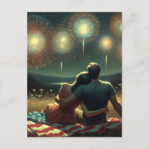 Couple Cuddling under the Fourth of July Fireworks Postcard