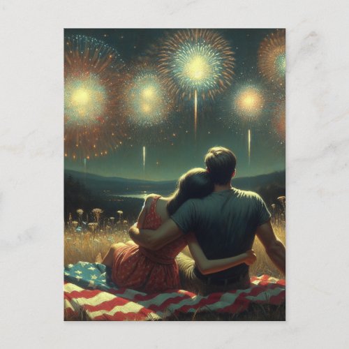 Couple Cuddling under the Fourth of July Fireworks Postcard