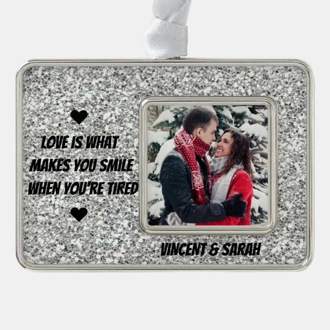 Couple Custom Photo,Name and Love Quote Glitter Christmas Ornament (Front)