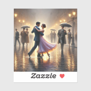 Couple dancing in the rain sticker