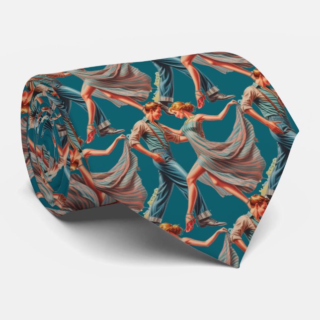 Couple Dancing  Watercolor Print Teal Necktie (Rolled)