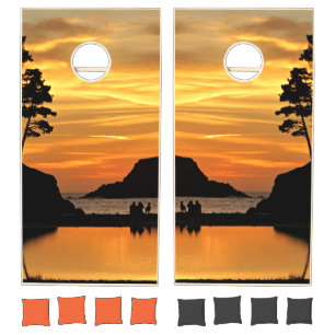 Couple & Dog Beach Sunset on California Coast Cornhole Set