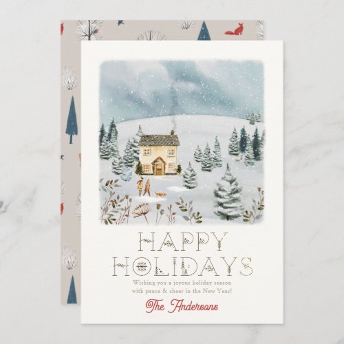 Couple Dog Snowy Hill Winterscape Christmas Holiday Card