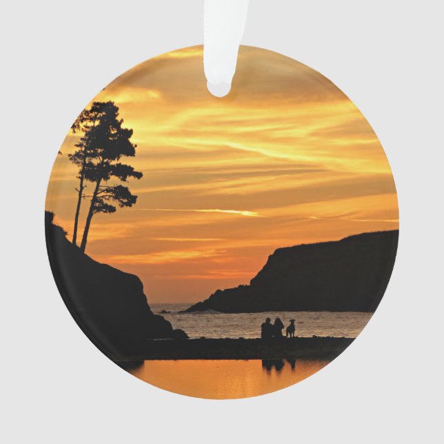 Couple & Dog Vivid Beach Sunset Silhouettes Ornament (Front)