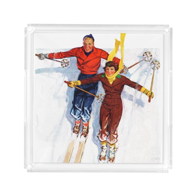 Couple Downhill Skiing Acrylic Tray (Front)