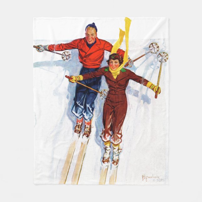 Couple Downhill Skiing Fleece Blanket (Front)