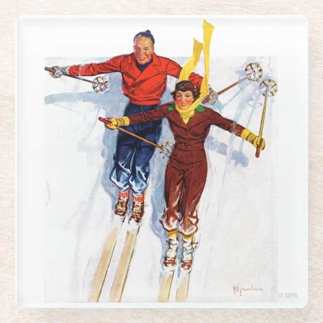 Couple Downhill Skiing Glass Coaster (Front)