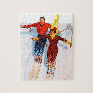 Couple Downhill Skiing Jigsaw Puzzle