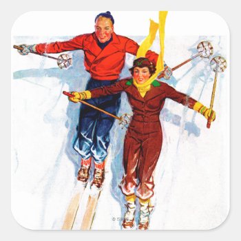 Couple Downhill Skiing Square Sticker by PostSports at Zazzle