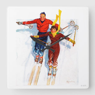 Couple Downhill Skiing Square Wall Clock