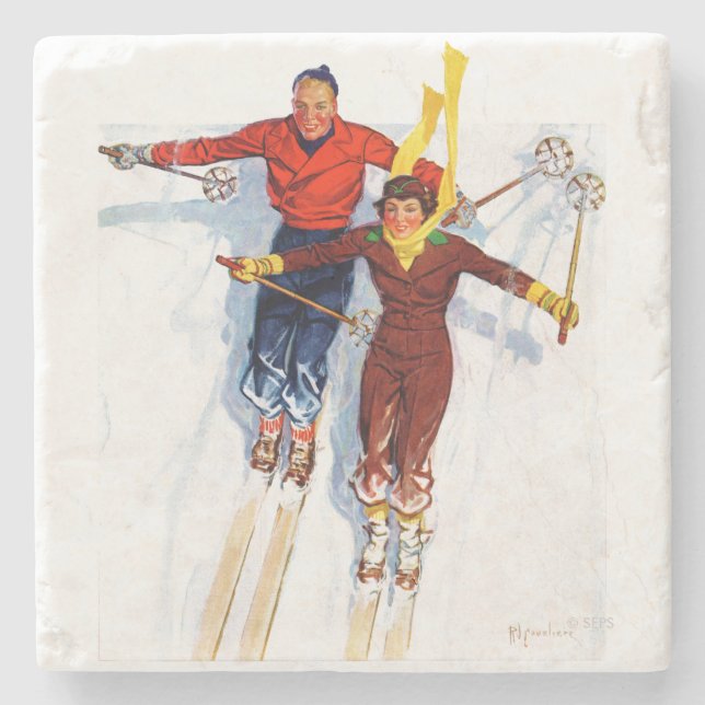 Couple Downhill Skiing Stone Coaster (Front)