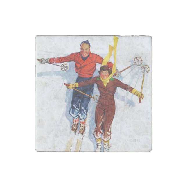 Couple Downhill Skiing Stone Magnet (Front)