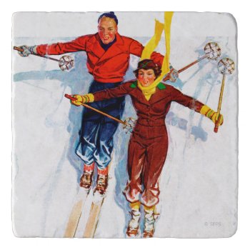 Couple Downhill Skiing Trivet by PostSports at Zazzle