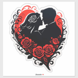 Couple Embracing In Red Heart With Ornate Rose Sticker