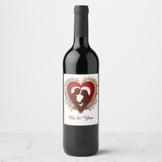 Couple Embracing Inside A Large Red Heart Wine Label (Front)