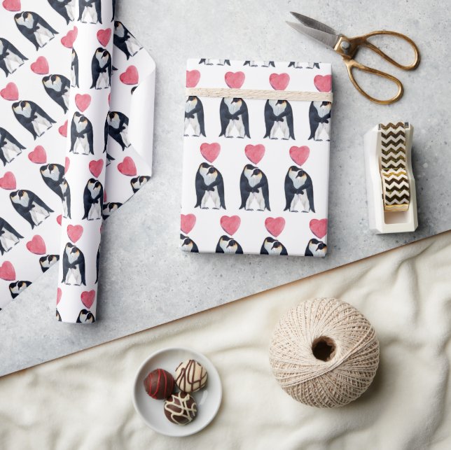 Couple Emperor Penguin Heart Valentine's Day   Wrapping Paper (Crafts)