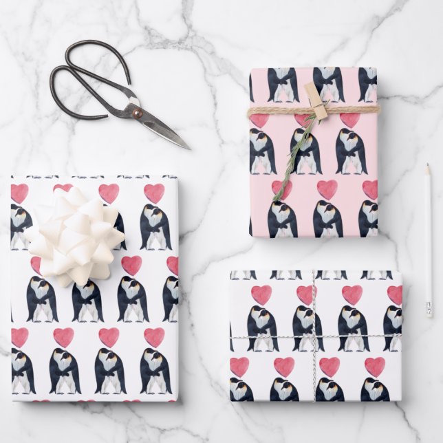 Couple Emperor Penguin Heart Valentine's Day  Wrapping Paper Sheets (Front)