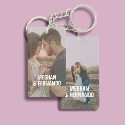 Couple Engagement 2 Photo Name Modern Keychain