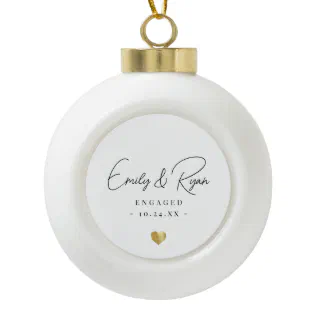 Couple Engagement Announcement Gold Heart Keepsake Ceramic Ball Christmas Ornament