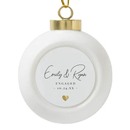 Couple Engagement Announcement Gold Heart Keepsake Ceramic Ball Christmas Ornament