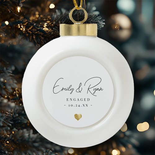 Couple Engagement Announcement Gold Heart Keepsake Ceramic Ball Christmas Ornament