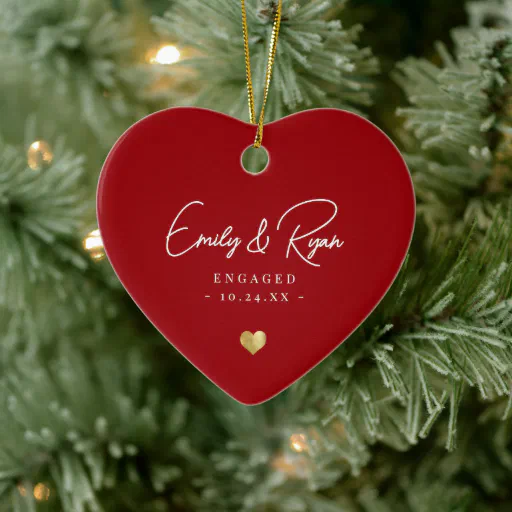 Couple Engagement Announcement Gold Heart Keepsake Ceramic Ornament