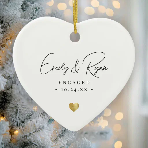 Couple Engagement Announcement Gold Heart Keepsake Ceramic Ornament