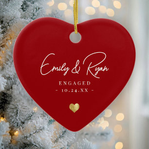 Couple Engagement Announcement Gold Heart Keepsake Ceramic Ornament