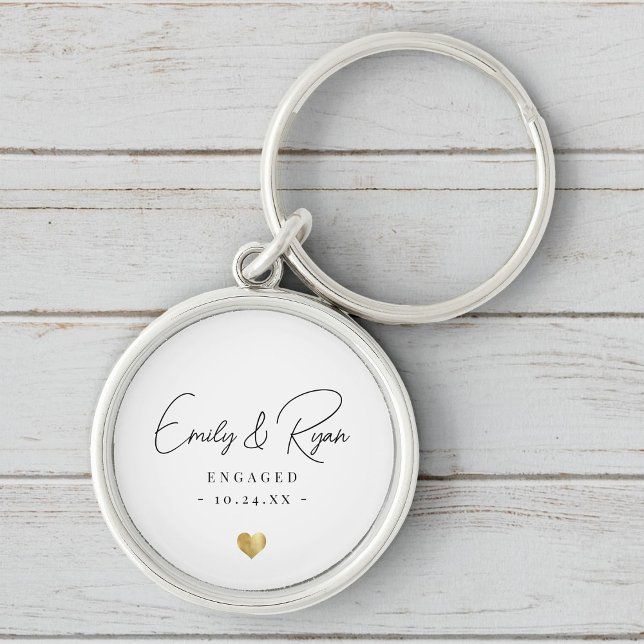 Couple Engagement Announcement Gold Heart Keepsake Keychain (Creator Uploaded)