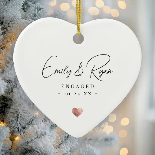 Couple Engagement First Christmas Rose Gold Heart Ceramic Ornament