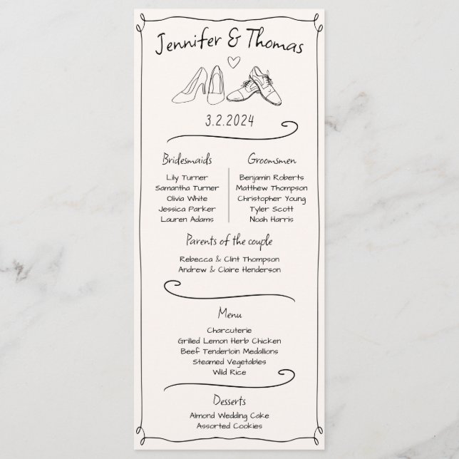 Couple Facts Doodle Wedding Shoes Program & Menu  (Back)