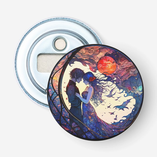 Couple Faux Stained Glass Button Bottle Opener (Front)