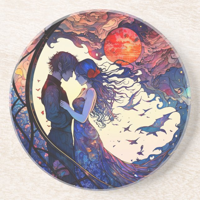 Couple Faux Stained Glass Sandstone Coaster (Front)