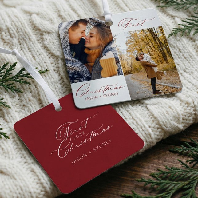 Couple First Christmas Elegant Script Photo Metal Ornament (Couple First Christmas Elegant Script Photo Metal Ornament)