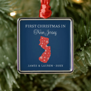 Couple First Christmas In New Jersey State Blue Metal Ornament