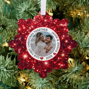 Couple First Christmas Name Photo Red  Ornament Card