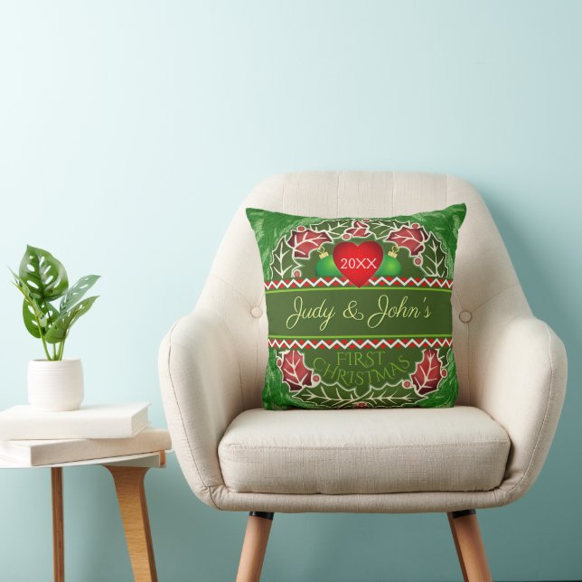 Couple First Christmas on GREEN Throw Pillow (Chair)