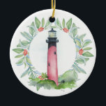 Couple First Christmas Ornament Jupiter Lighthouse<br><div class="desc">A perfect gift for newlyweds or anniversary weddings, this elegant acrylic Christmas ornament features your names and wedding date on the back with a replica of my original Jupiter Lighthouse art encircled by a holly and red berries. Your last name set in a fun hand lettered typography over a solid...</div>