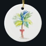Couple First Christmas Ornament Palm Tree<br><div class="desc">A perfect gift for newlyweds or anniversary weddings, this elegant acrylic Christmas ornament features your names and wedding date on the back with a replica of my original palm tree art. Your last name set in a fun hand lettered typography over a solid red background. Customize this round ornament with...</div>