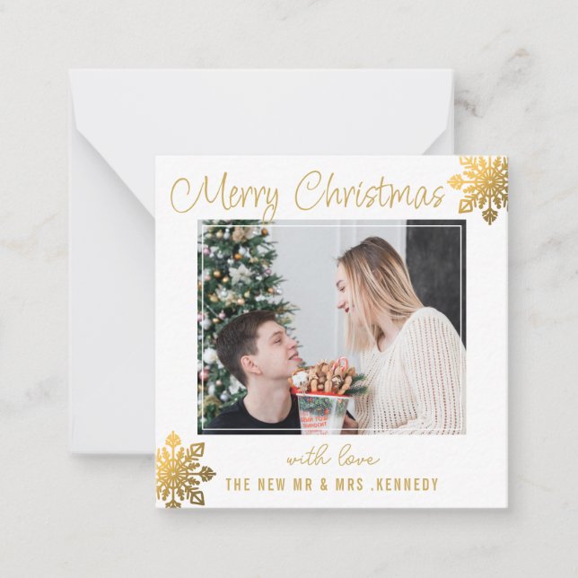 Couple First Christmas Photo Budget Gold Snowflake Note Card (Front)