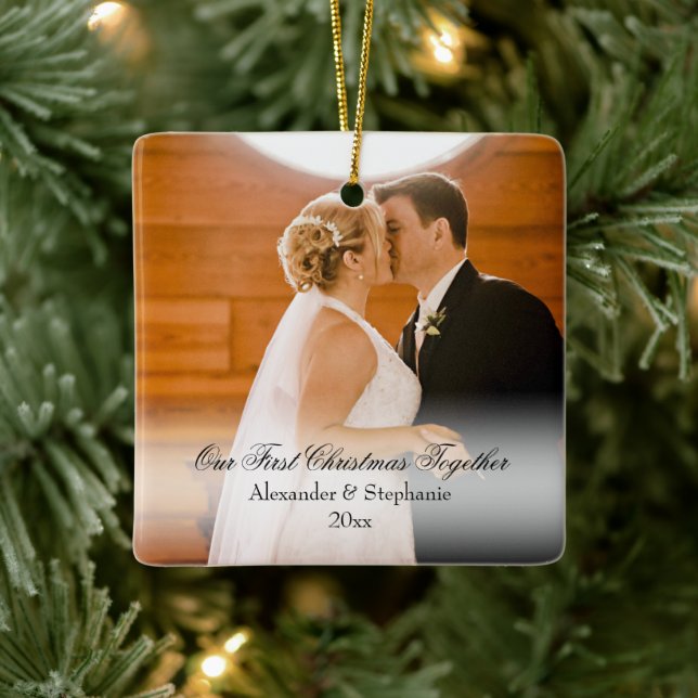 Couple First Christmas Together Square Photo Ceramic Ornament (Tree)