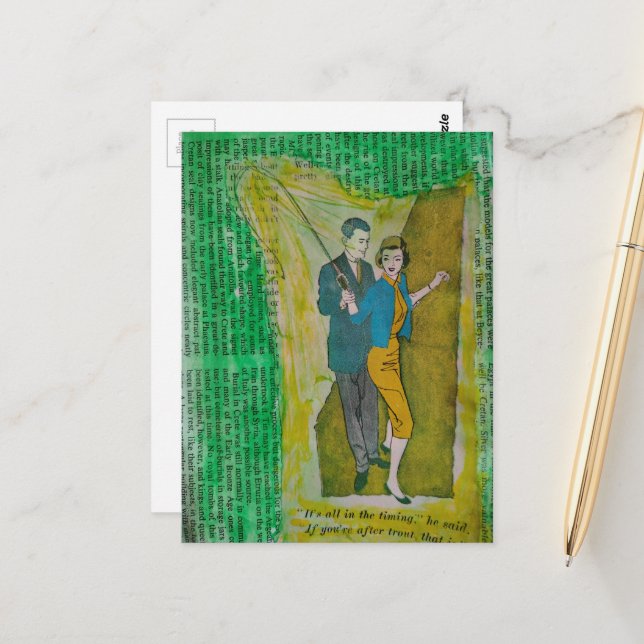 Couple Fishing from 1930s era collage Postcard (Front/Back In Situ)