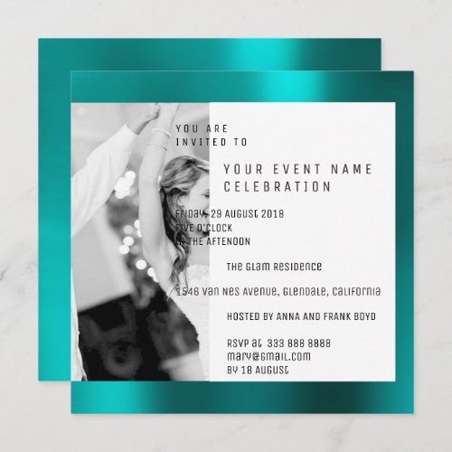 Couple Foto Geometry Teal Aquatic Metallic Invitation