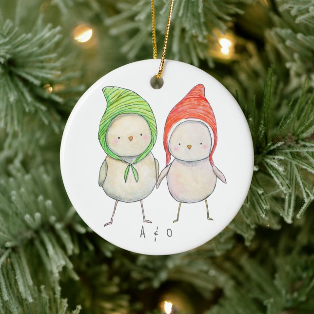 Couple Friend Christmas Together Cute Birds Custom Ceramic Ornament (Tree)