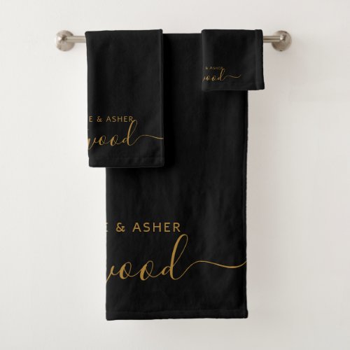 Couple Gold Monogram Black Bath Towel Set