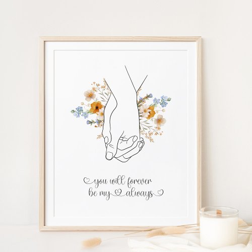 Couple Hand in Hand Floral Line Art Poster