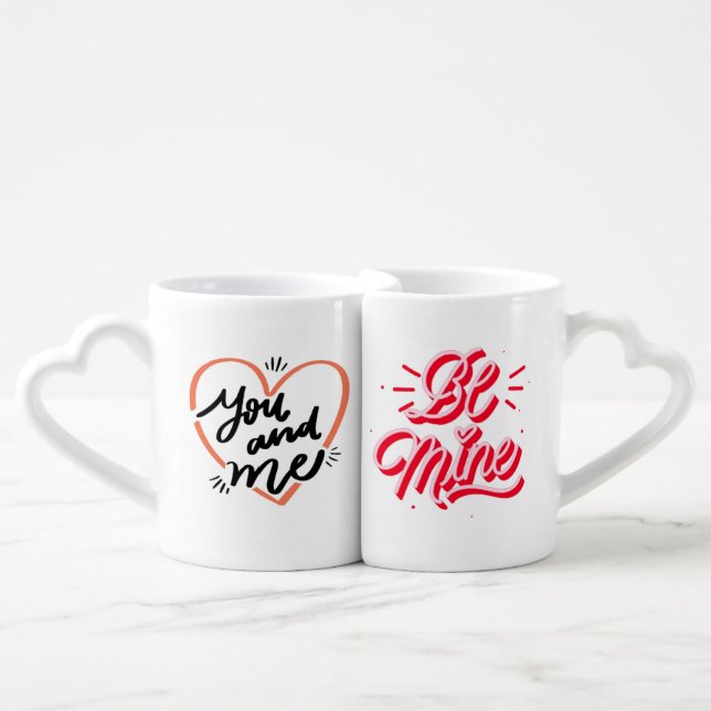 Couple Heart Handle Mugs – “You and Me / Be Mine”  (Front Nesting)