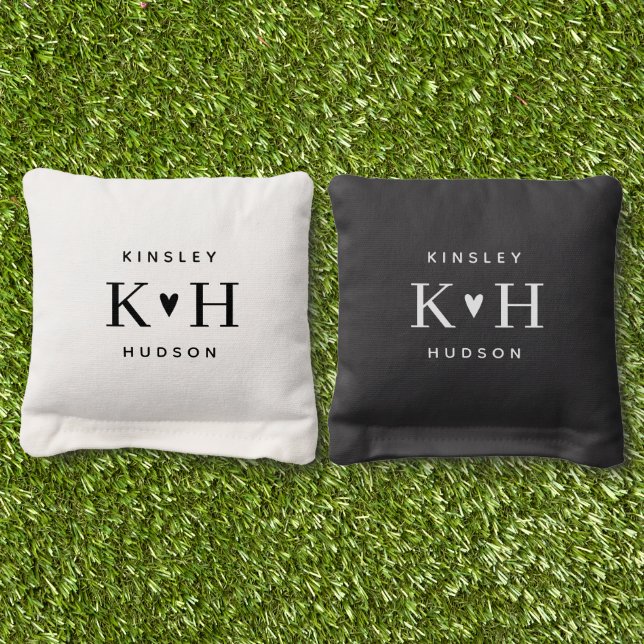 Couple Heart Initials Wedding Monogram Cornhole Bags (Grass)