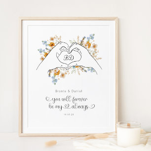 Couple Heart Shape Hands Floral Line Art Poster