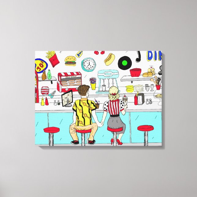 Couple Holding Hand Retro Nostalgic Fifties Diner Canvas Print (Front)